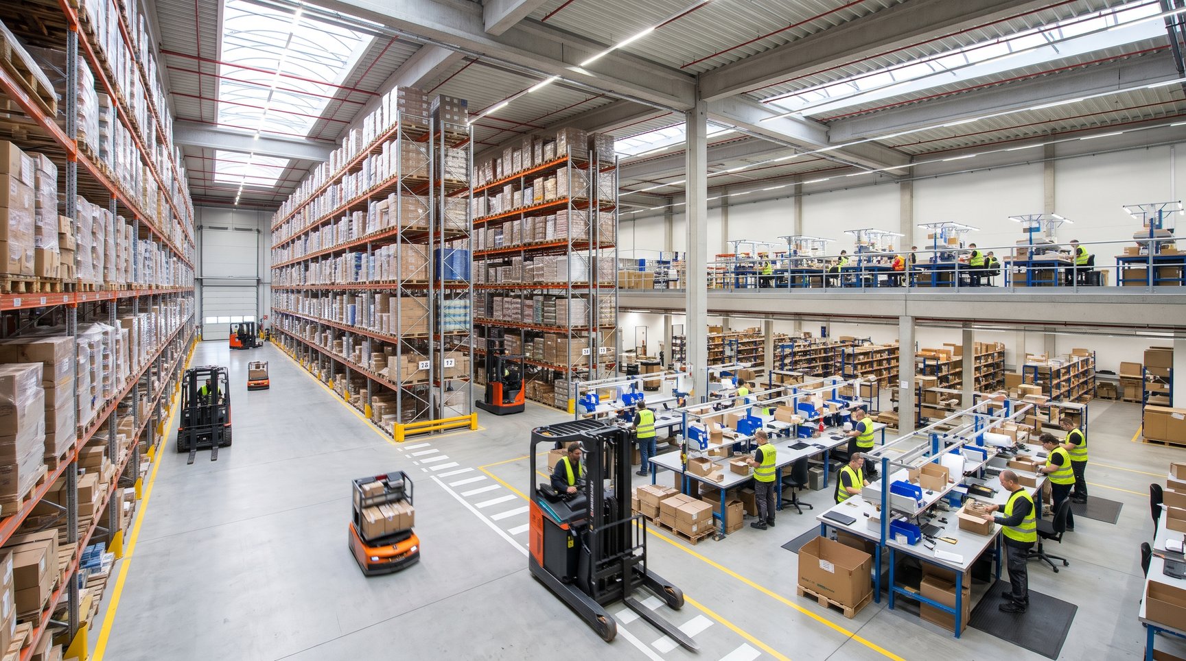 Innenansicht einer flexiblen Logistikhalle in NRW: Hochregallager und Mezzanine-Ebenen für Kontraktlogistik, E-Commerce und Industriezielgruppen.